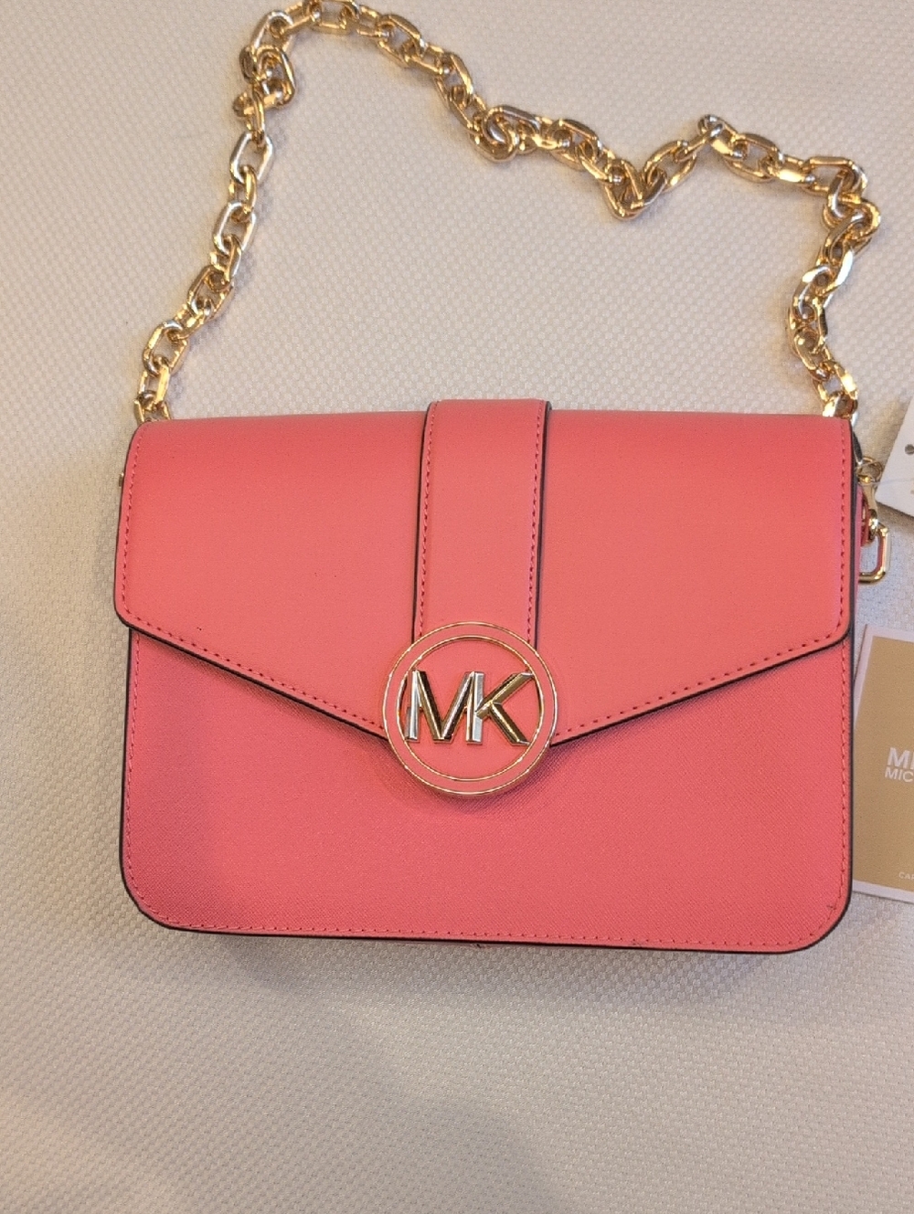 MICHAEL KORS Coral Pink shoulder   bag with Gold MK Chain